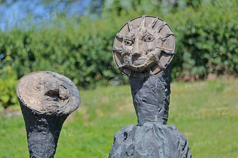 Sculpture Sun and Moon by Markus Lüpertz 2017, modern art, bronze sculpture, two faces, moon face, symbol, figures, astronomy, detail, Blumenhof, Pforzheim, Northern Black Forest, Black Forest, Baden-Württemberg, Germany
