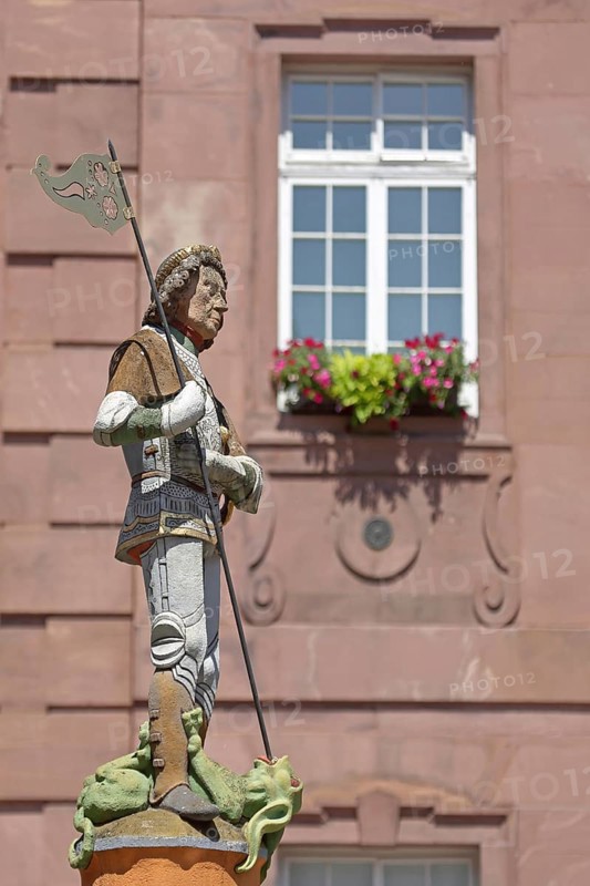 Sculpture of St George with lance, St George's Fountain, dragon slayer, detail, market fountain, market square, Ettlingen, Black Forest, Northern Black Forest, Baden-Württemberg, Germany