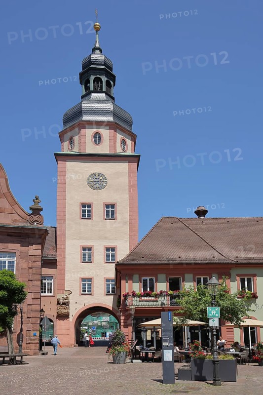Historic town hall tower built in the 13th century and former town fortifications, town gate, town tower, pedestrian, market square, Ettlingen, Black Forest, Northern Black Forest, Baden-Württemberg, Germany