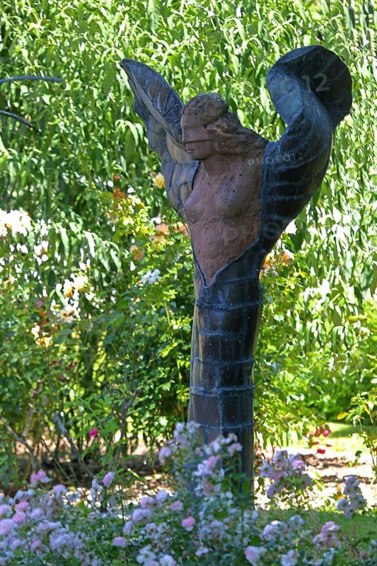 Sculpture Female Winged Figure by Volker Krebs 1986, Modern Art, Female Figure with Wings, Angel, Rose Garden, Ettlingen, Black Forest, Northern Black Forest, Baden-Württemberg, Germany
