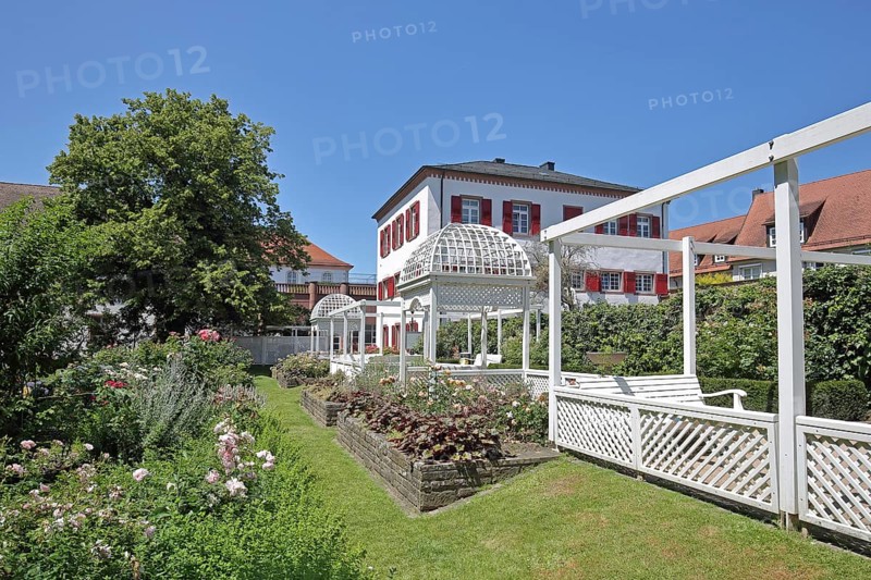 Rose garden and historic Klösterle house, garden with flowers, pergola and arbour, Ettlingen, Black Forest, Northern Black Forest, Baden-Württemberg, Germany