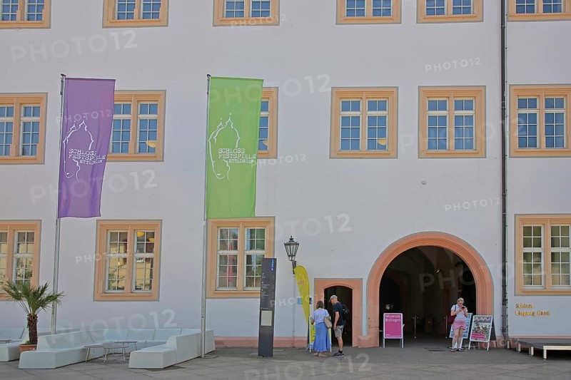 Entrance with flags and inscription Schlossfestspiele zum barocken Schloss, Museum, Festspiele, Ettlingen, Black Forest, Northern Black Forest, Baden-Württemberg, Germany