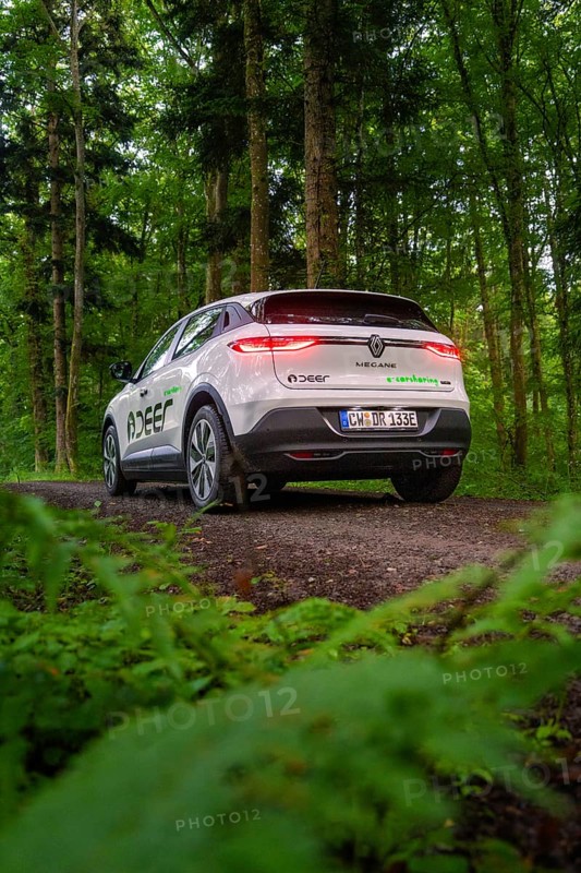 Car on forest road with shining rear lights surrounded by dense green forest, Deer E- CarSharing, Renault Megane electric car, Calw, Black Forest, Germany