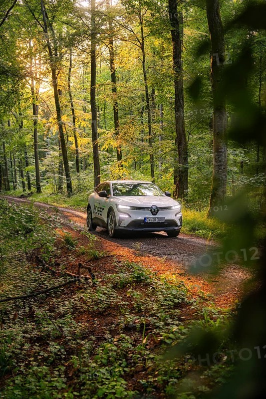 Car on illuminated forest path, sunlight through the trees, autumnal atmosphere, Deer E- CarSharing, Renault Megane electric car, Calw, Black Forest, Germany