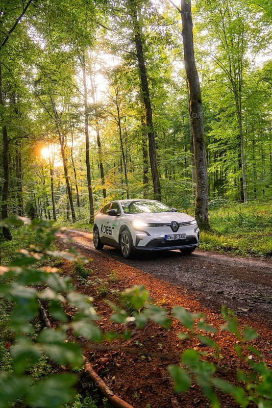 Renault on a forest path, green forest environment flooded with sunlight, Deer E- CarSharing, Renault Megane electric car, Calw, Black Forest, Germany