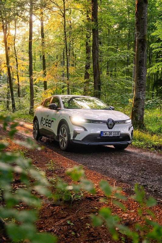 A modern car drives on a forest road in the sunlight through green trees, Deer E- CarSharing, Renault Megane electric car, Calw, Black Forest, Germany