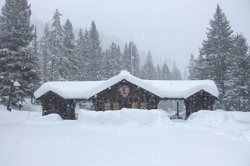 Yellowstone National Park, North America in winter, heavy snowfall at the north-east entrance to the park, Silver Gate, Montana, USA, Yellowstone, North America, United States of America