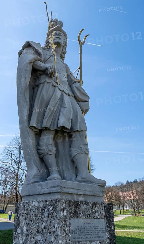 Sculpture of the church patron St Theodore in front of the east tower of the baroque Basilica of St Alexander and St Theodore, Ottobeuren Monastery, Ottobeuren, Unterallgäu, Bavaria, Germany