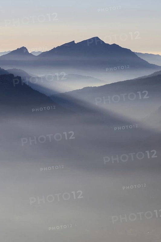 Mountain silhouettes... Alpine peaks and mountain ranges, Bavarian Alps, romantic view from Oberstdorf towards Kleinwalsertal, Allgäu Alps, Allgäu, Oberstdorf, Bavaria, Germany, Western Europe