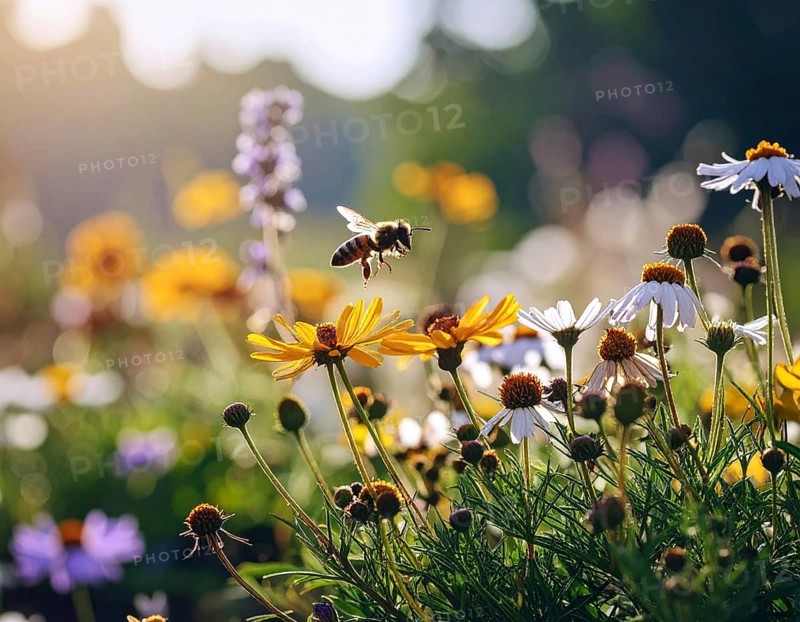 Bee-friendly garden design, colorful variety of blooming flowers in the summer, AI generated