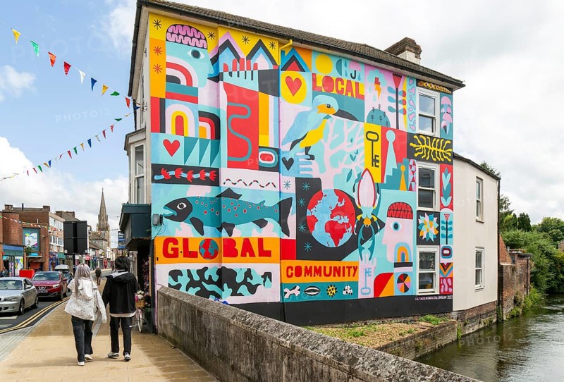 Colourful mural on wall of building by Salisbury Civic Society 2023, Fisherton Street, Salisbury, Wiltshire, England, UK