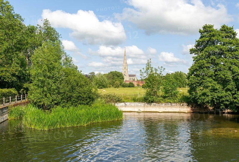 View from Harnham Lock over water meadows to Salisbury cathedral church, Salisbury, Wiltshire, England, UK