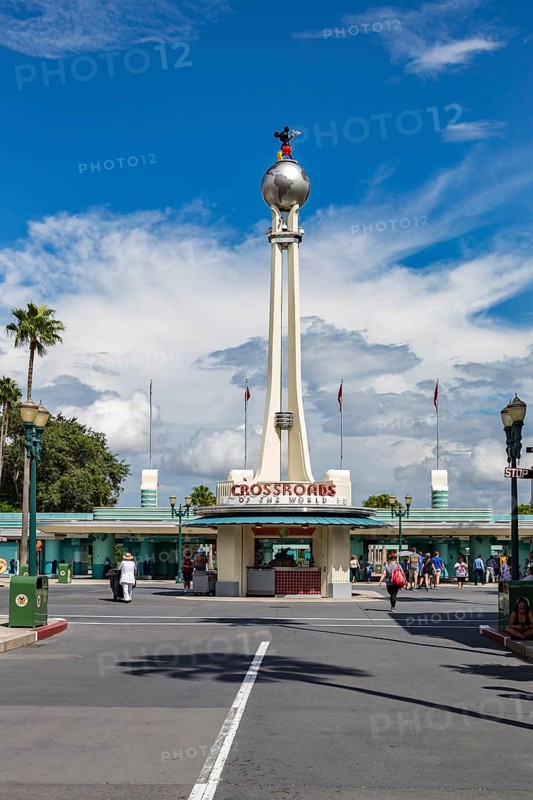 Replica of the Crossroads of the World tower and spinning globe at the entrance to Disney Hollywood Studios in Orlando, Florida