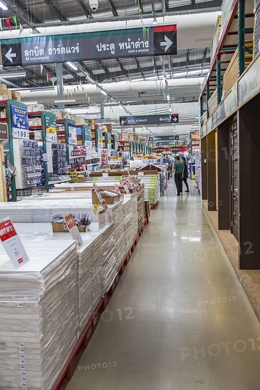 Building materials inside the Mega Home Center warehouse store in Chiang Rai, Thailand