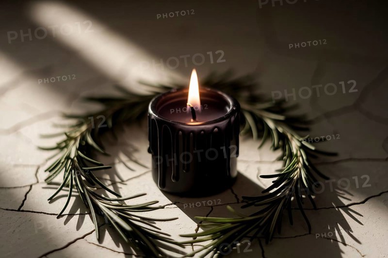 Short black candle burning on cracked stone with rosemary. A symbol of witchcraft, ritual, and mysticism. Generative AI, AI generated