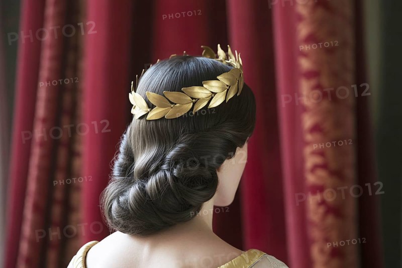 Woman in laurel crown seen from behind against crimson velvet. Elegant portrait symbolizes female empowerment through quiet strength and regal dignity. Generative Ai, AI generated