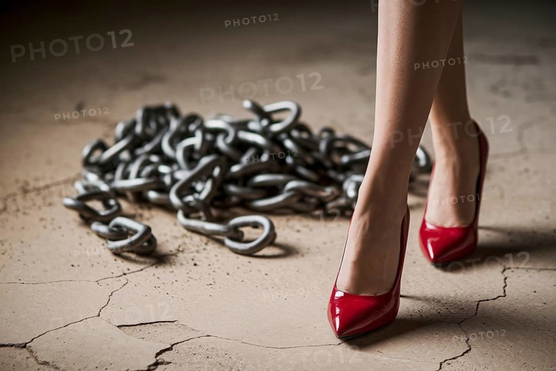 Close up of woman's feet red high heels with broken metal chains, symbolizing female empowerment and liberation from oppression. generative ai, AI generated