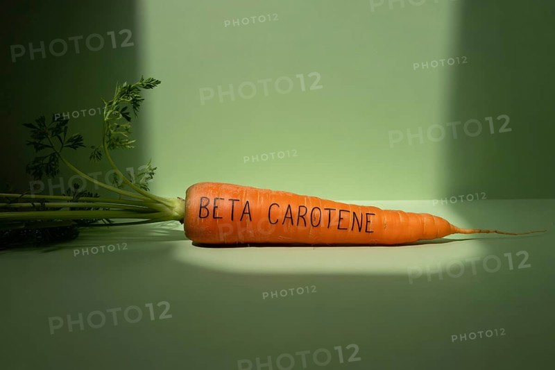 Orange carrot with beta carotene inscribed on its surface. Studio image highlighting nutrient content and organic form. Generative ai, AI generated