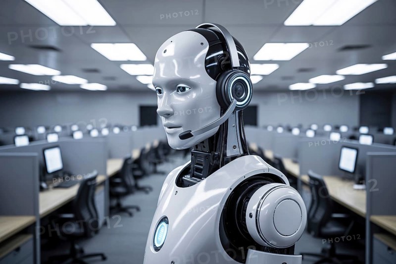 White AI robot with headset in empty call center. Automation replacing human customer service roles. Generative Ai, AI generated