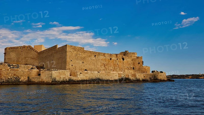 Castello Maniace, Maniace sea fortress, massive stone fortress on the water, characterised by robust historical architecture, boat trip around the island of Ortigia, Isola di Ortigia, Syracuse, Sicily, Italy