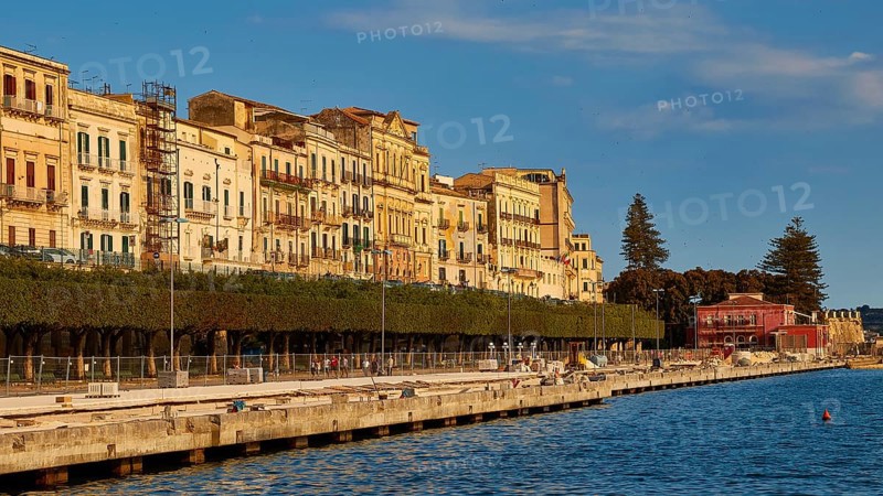 Waterfront with historic buildings and trees under a blue sky, Ortigia Island, Isola di Ortigia, Historic old town, Syracuse, Sicily, Italy