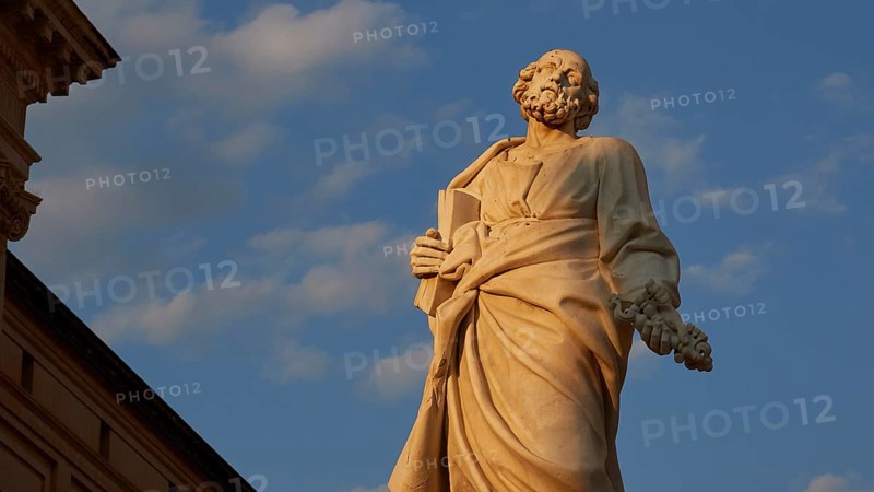 Cathedral of Syracuse, detail of a statue in front of a blue sky, part of a historic building, Ortigia Island, Isola di Ortigia, historic city centre, Syracuse, Sicily, Italy