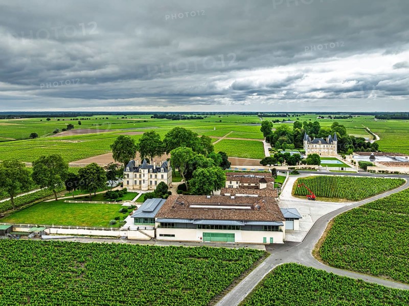 Chateau Pichon Longueville Comtesse de Lalande Vineyard and Chateau Pichon Longueville Baron Vineyard around Pauillac from a drone, Bordeaux, Gironde, Nouvelle-Aquitaine, France
