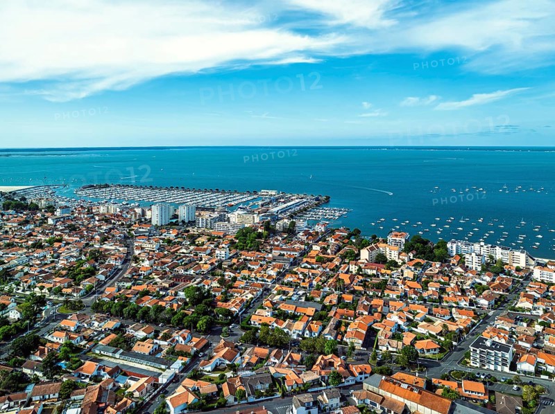 View of City and Marina in Arcachon from a drone, Arcachon, Gironde, France