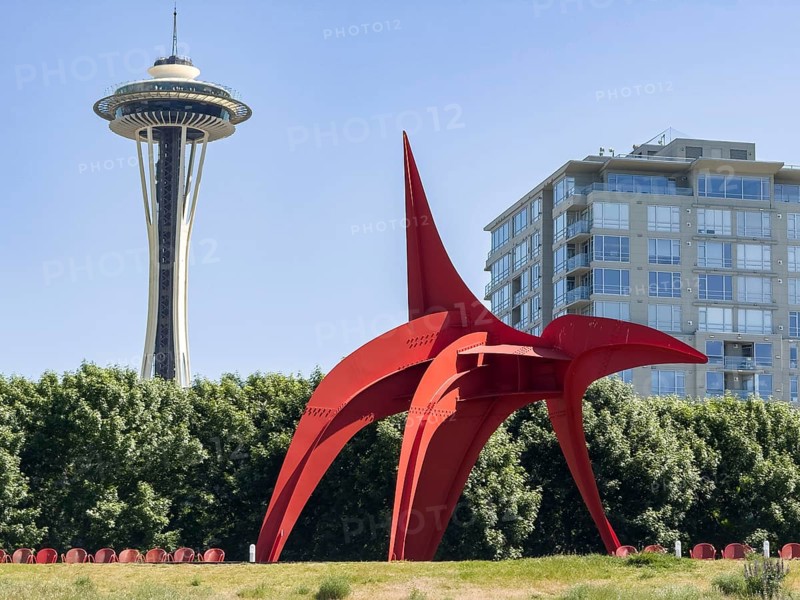 Olympic Sculpture Park with Space Needle in the background, Seattle, Washington, USA, North America