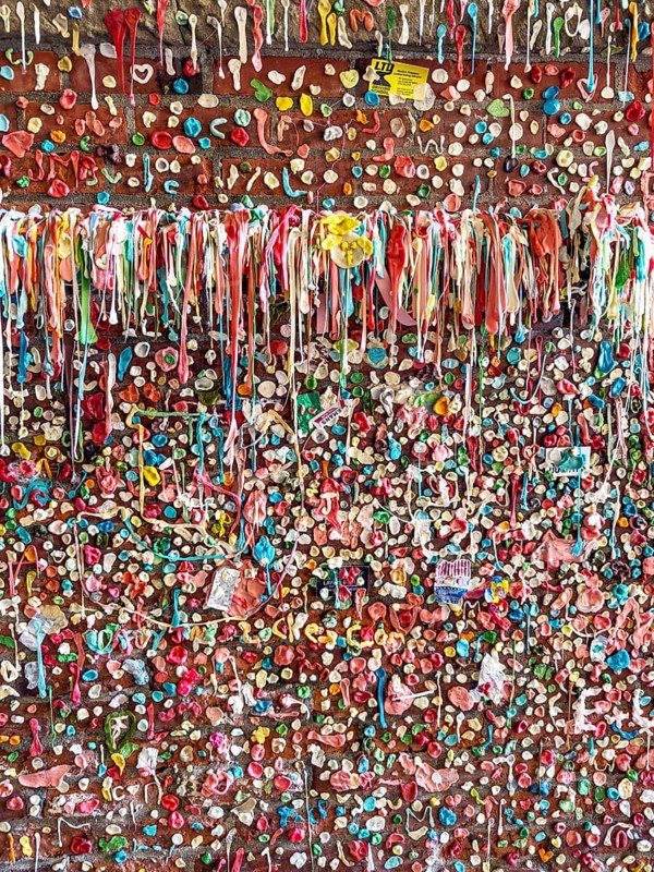 Stone wall with stick-on chewing gum, The Gum Wall, Seattle, Washington, USA, North America