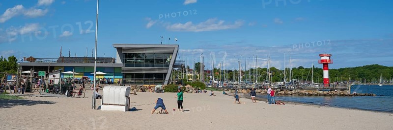 Baltic Sea information centre, sandy beach, lighthouse, Eckernförde, Baltic Sea, Schleswig-Holstein, Germany