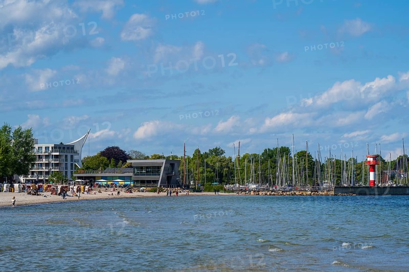 Baltic Sea information centre, lighthouse at the harbour, coastline, Eckernförde, Baltic Sea, Schleswig-Holstein, Germany