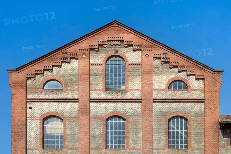 Gable of an old petrol factory, distillery, Germersheim, Palatinate, Rhineland-Palatinate, Germany