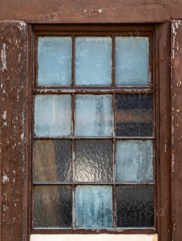 Old window with weathered wooden frame and frosted glass, reflects light, Bad Bergzabern, Southern Palatinate, Palatinate, Rhineland-Palatinate, Germany