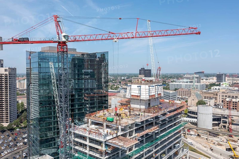 Detroit, Michigan - Construction of the 25-story JW Marriott Detroit Water Square hotel. The building is next to the new luxury Water Square apartment building