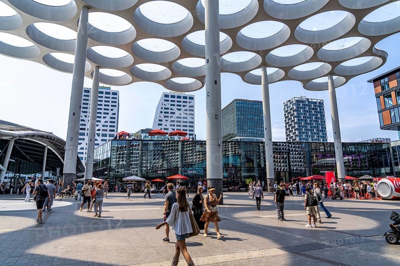 Utrecht Centraal station, station forecourt at Hoog Catharijne shopping centre and station concourse, roof, in the city centre, office and residential high-rises, Netherlands