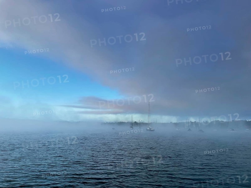 Sailing boats on Lake Starnberg with fog, Bavaria, Germany