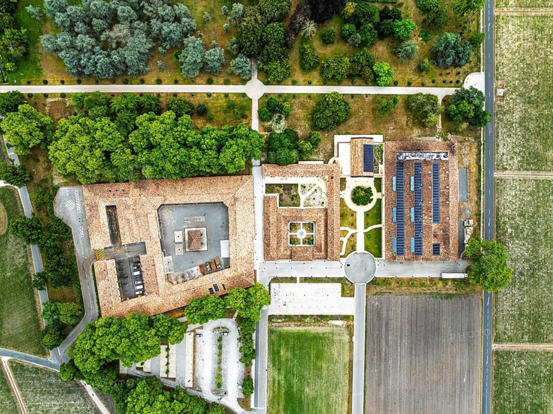 Top Down view over Chateau d'Armailhac Vineyard and grape fields around Pauillac and Gironde Estuary from a drone, Bordeaux, Gironde, Nouvelle-Aquitaine, France