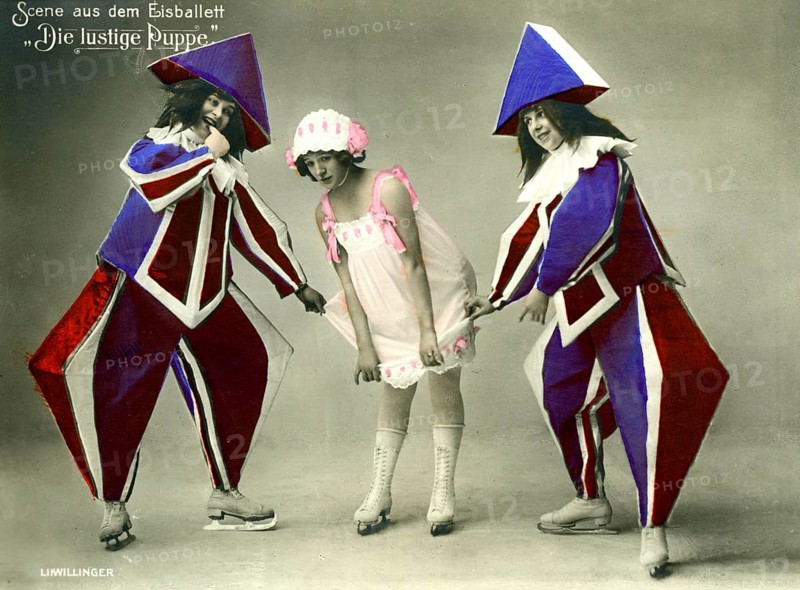 Ice ballet, 1920s, performers in eye-catching costumes interacting with a performer on skates, historical photo