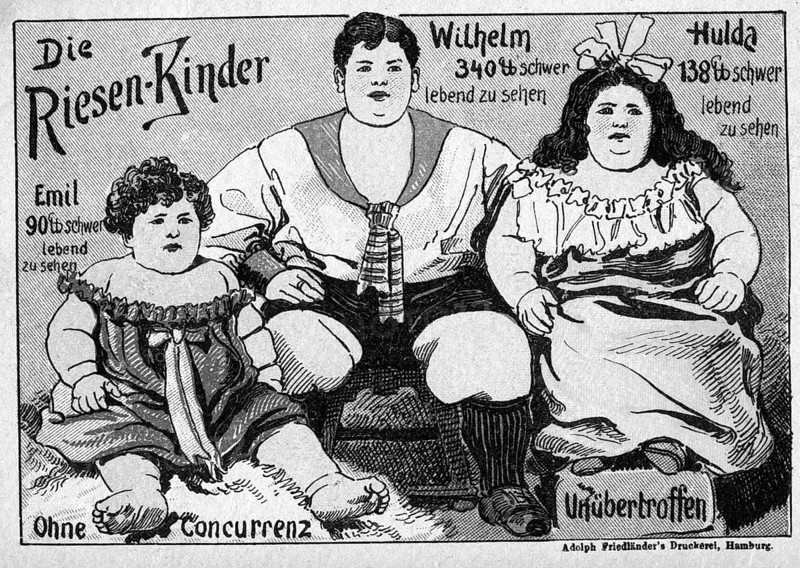 Advertising poster, The Giant Children, 1910s, poster advertising giant children as an attraction, with figures labelled with weights, historical photo