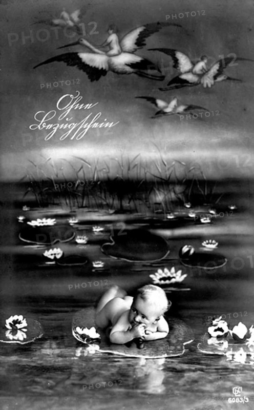 Baby lying on a leaf, 1910, A baby lies on a water lily among flying storks in a surreal dreamscape, Historical photograph
