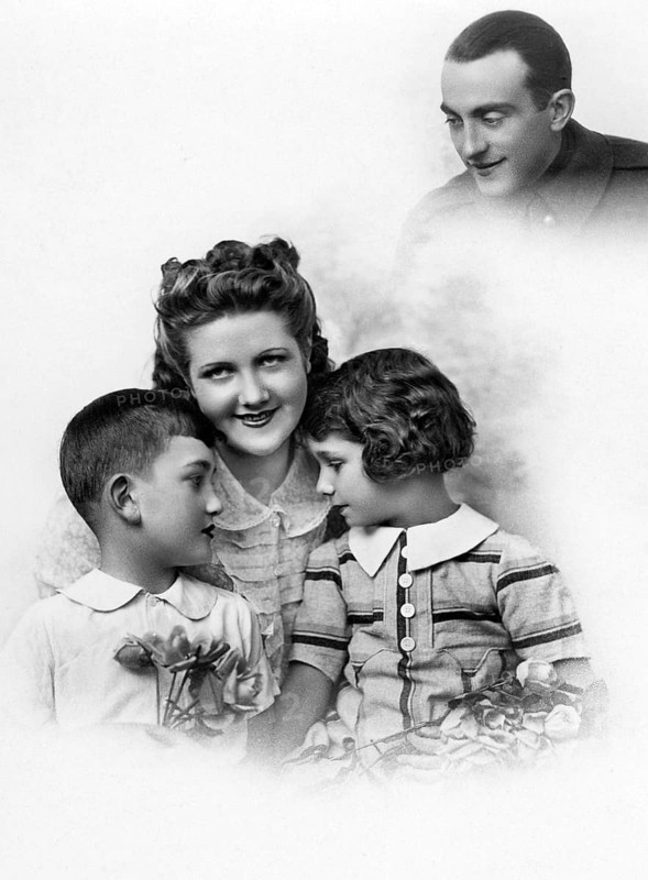 Father at war and the family at home, 1930s, A family portrait with a smiling mother and three children in nostalgic style, Historical photo