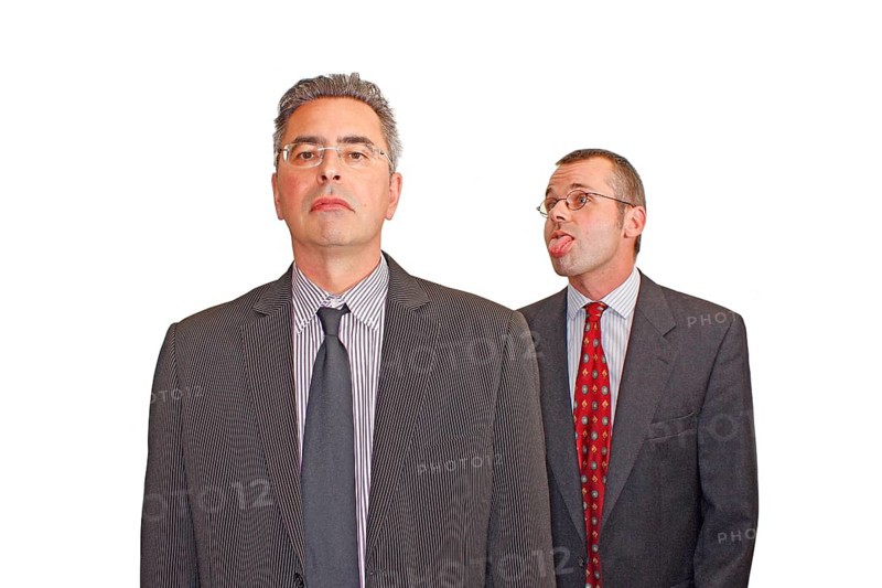 Businessman, two, grimace, suit and tie, Berlin, Germany, Two men in suits, one makes a humorous gesture while the other looks serious, Historical photo