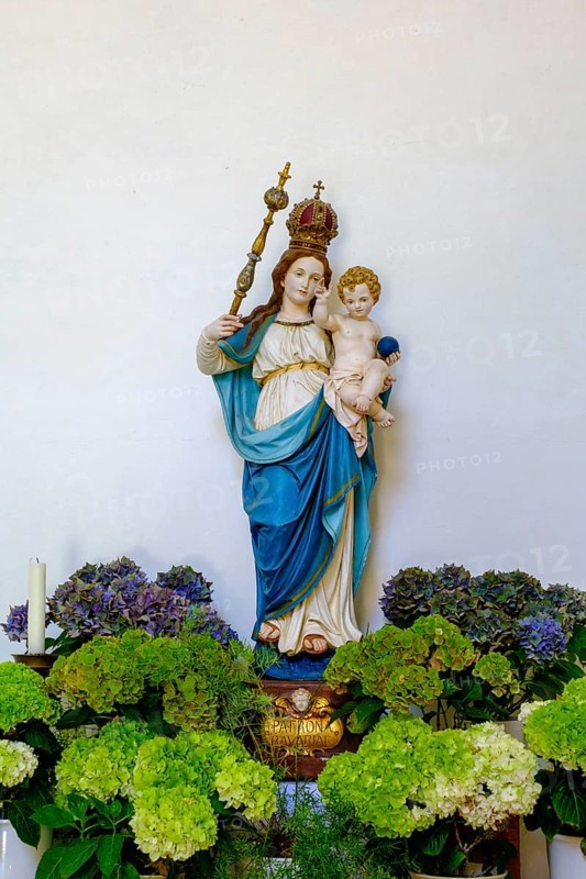 Patrona Bavariae, western outer wall of the church, Benedictine Abbey Schäftlarn, Isar Valley, Upper Bavaria, Bavaria, Germany