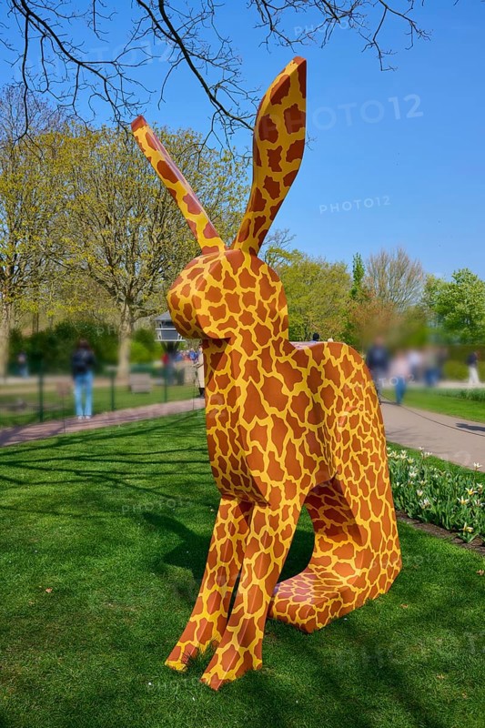 Bunny sculpture with pattern in a park under a blue sky, Keukenhof, Lisse, province of South Holland, Netherlands