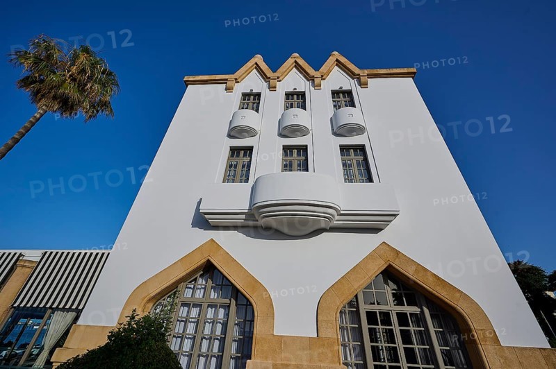 Modern white building with balconies and palm trees, clear, sunny atmosphere, Boutique Hotel Albergo Gelsomino, 5-star hotel, Kos Town, Kos, Dodecanese, Greek Islands, Greece