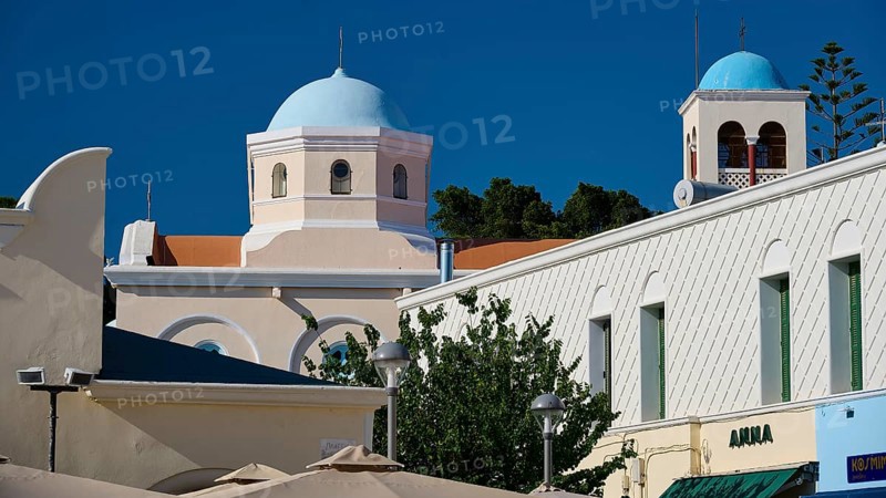 Mediterranean building with domes and steeple in vivid colours, Agia Paraskevi Church, Kos Town, Kos, Dodecanese, Greek Islands, Greece