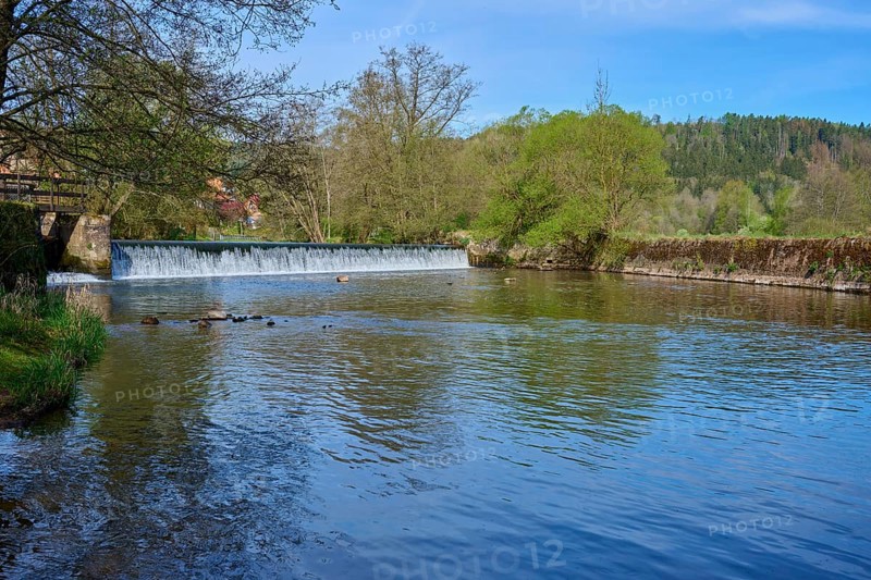 Water flows calmly through a green landscape surrounded by forest in spring, spring, Obersinn, Sinntal, Spessart, Bavaria, Germany