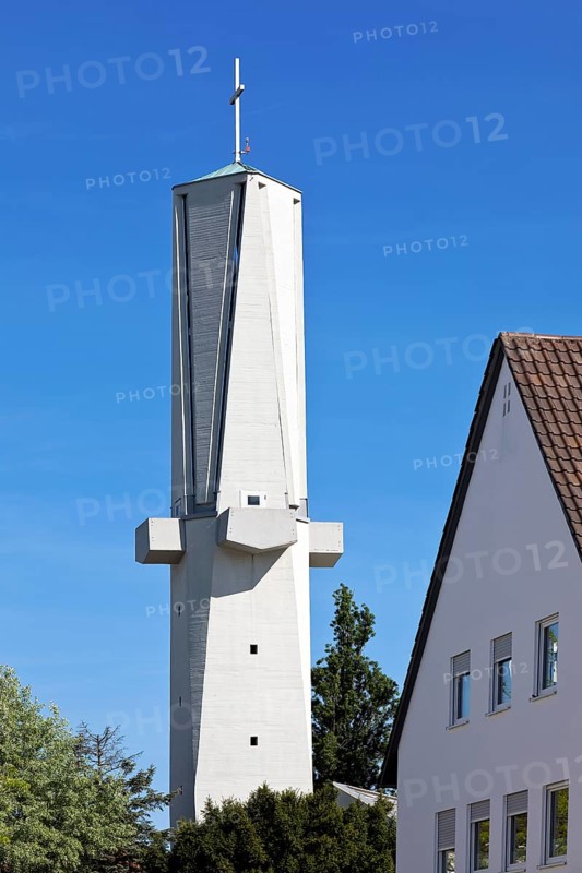 Spire of the Roman Catholic Church of St Fidelis, brutalist building, Mornewegviertel, Darmstadt, Hesse, Germany