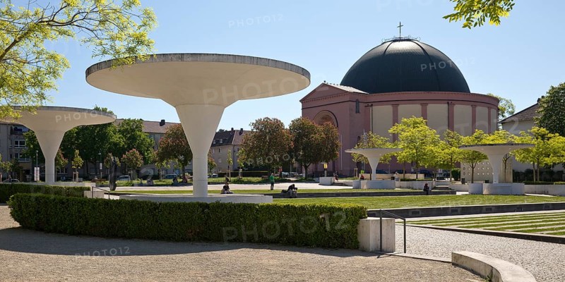 Georg-Büchner-Platz with white concrete mushrooms and St Ludwig's Church, public square, Darmstadt, Hesse, Germany